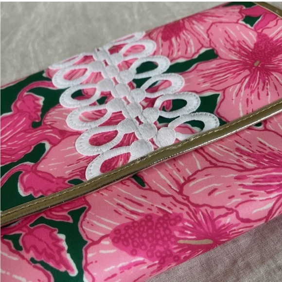 Oversized Lily Pulitzer Lilly Hot Pink Green Hibis Kiss Envelope Pouch Clutch - Picture 4 of 6